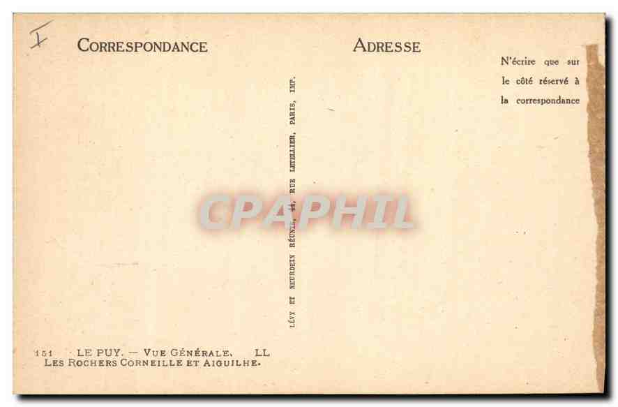CPA Le Puy Vue generale Les Rochers Corneille et Aiguilhe  — Back