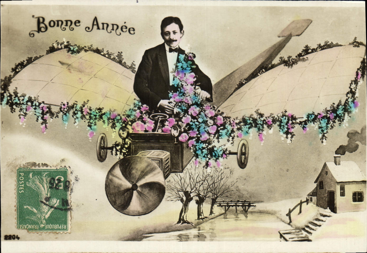 Aviateur en voiture volante — Bonne Année — Éditeur inconnu, n° 2204