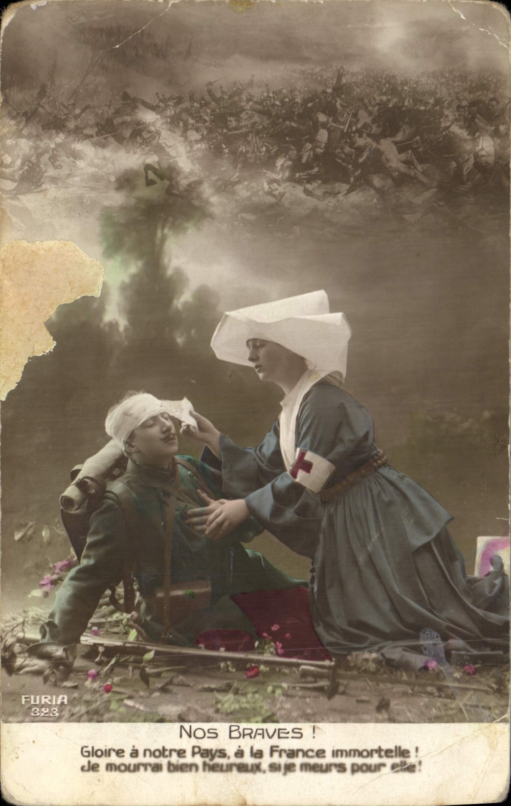 CPA Nos Braves Gloire a notre Pays a la France immortelle Infirmiere Croix Rouge