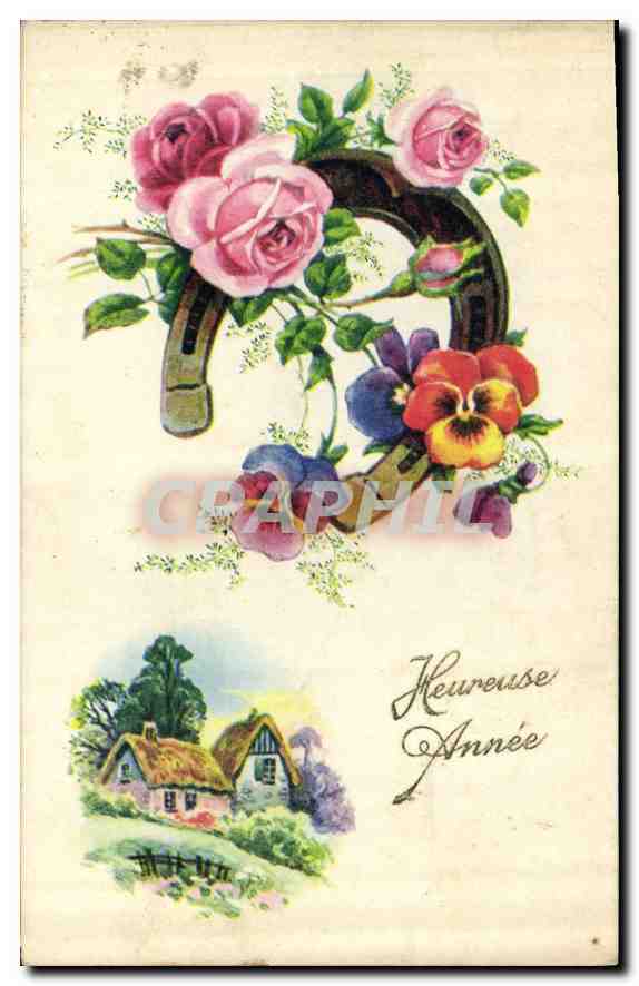 CPA Heureuse Annee Fleurs Fer a cheval