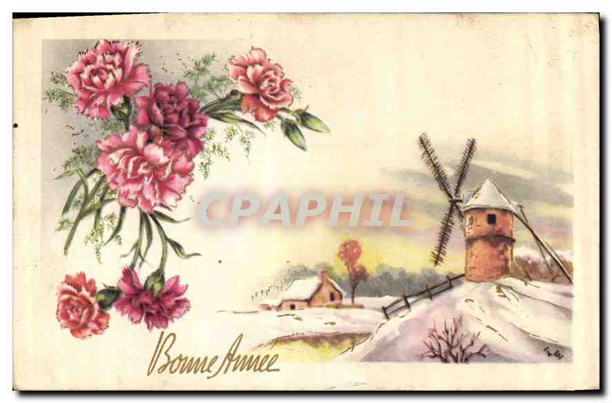 CPA Bonne Annee fleurs Moulin a vent