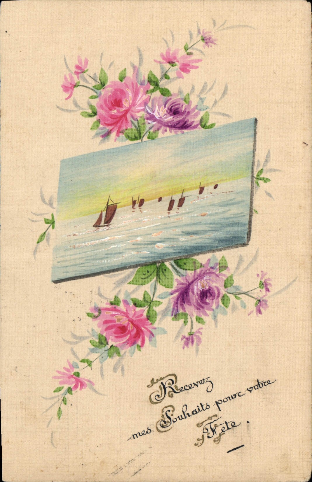 Vue de voiliers à l'horizon — fleurs roses et pourpre — éditeur non visible