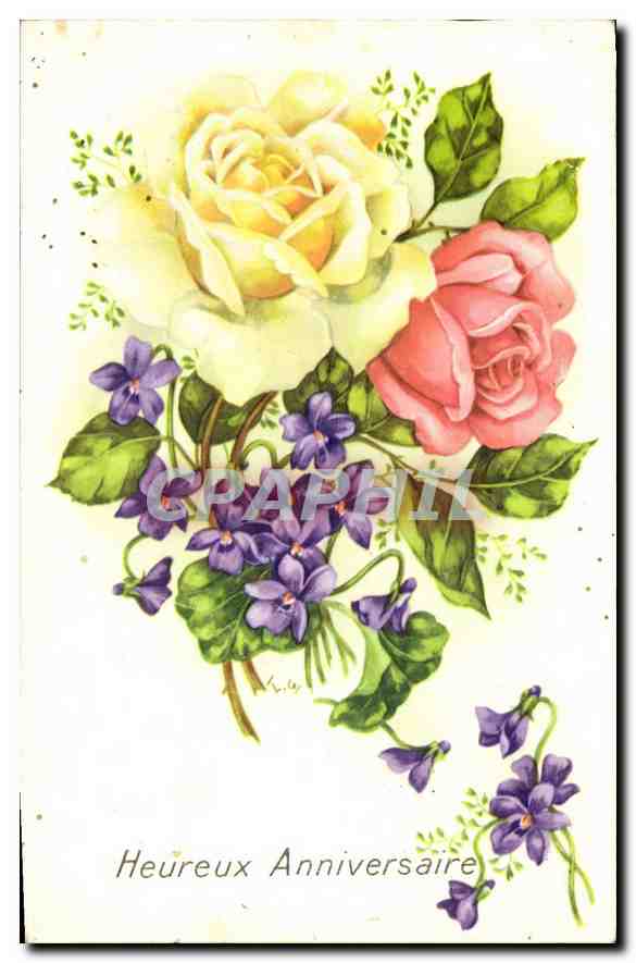 CPA Heureux Anniversaire Fleurs