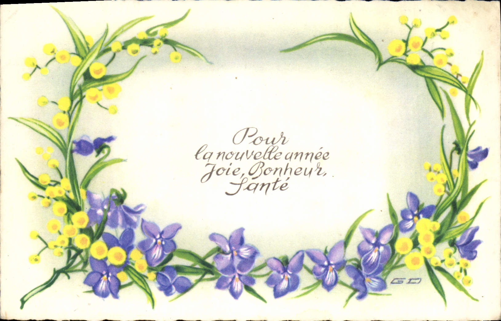 Fleurs de mimosa et de violette — Pour la nouvelle année, Joie, Bonheur, Santé — GD