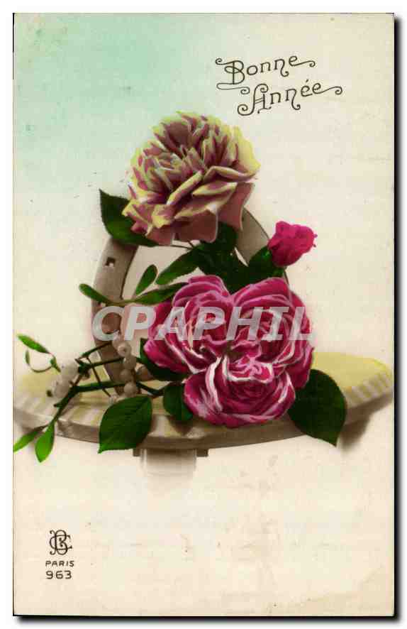 CPA Bonne Annee Fer a cheval Fleurs