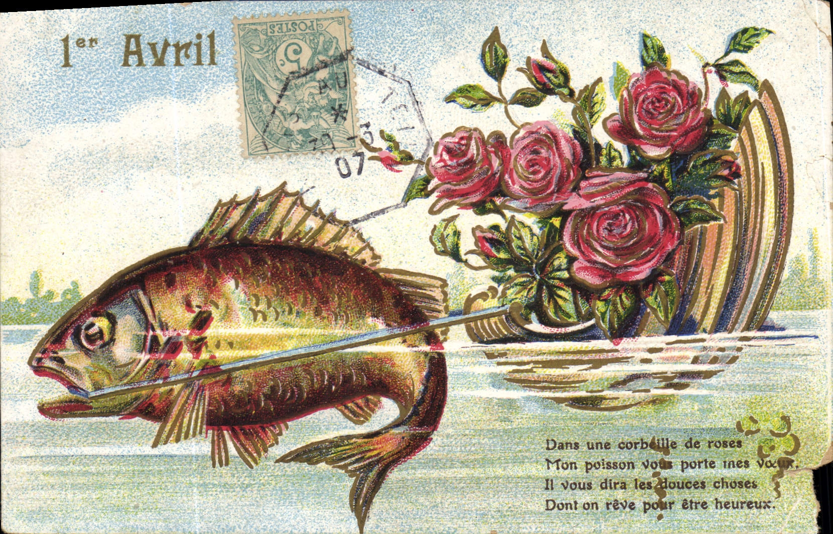 CPA Dans une corbeille de roses Poisson 1er Avril