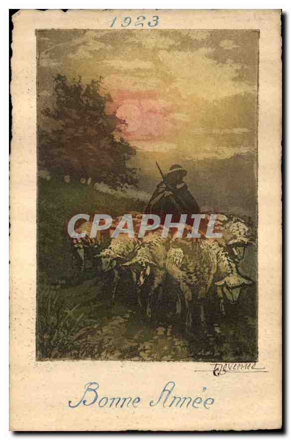 Landschaft mit Schäfer und Schafen — Frohe Neujahr 1923 — Verlag T. Gavenne, Seriennummer nicht sichtbar