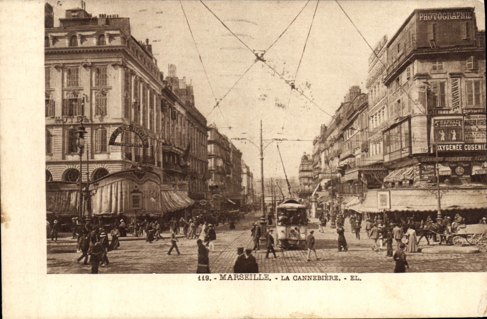 Marseille - La Cannebière — vue de la rue avec tramway et bâtiments — Éditeur EL. n° 149