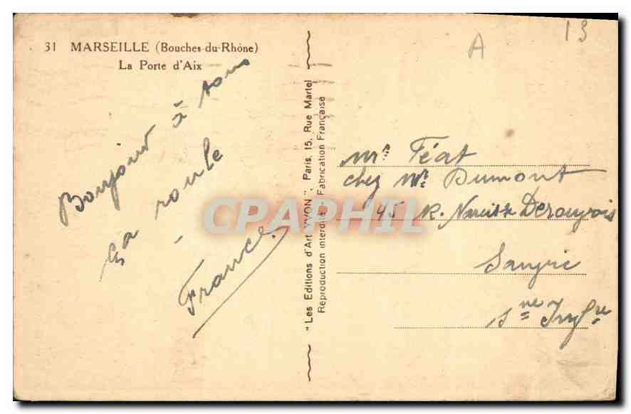CPA Marseille Bouches du Rhone La Porte d'Aix  — Rückseite