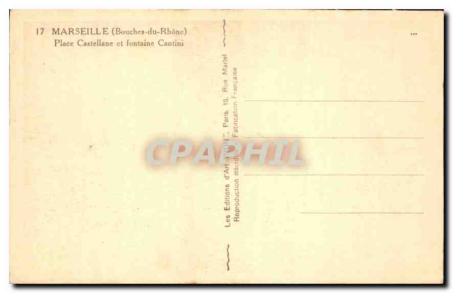 CPA Marseille Bouches du Rhone Place Castellane et Fontaine Cantini  — Verso