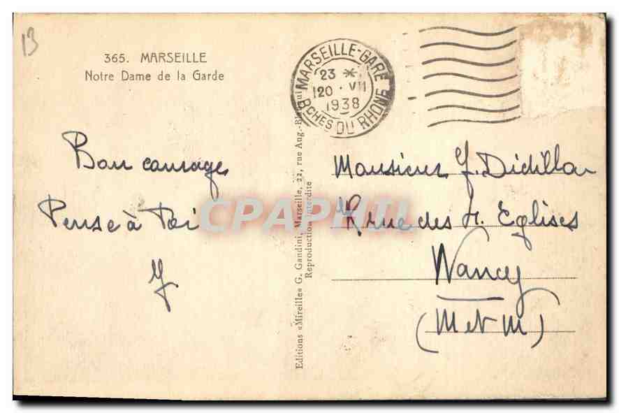 CPA Marseille Notre Dame de la Garde  — Rückseite