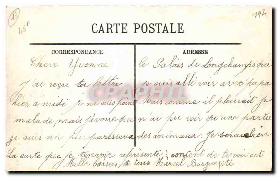 CPA Marseille Palais Longchamps  — Verso