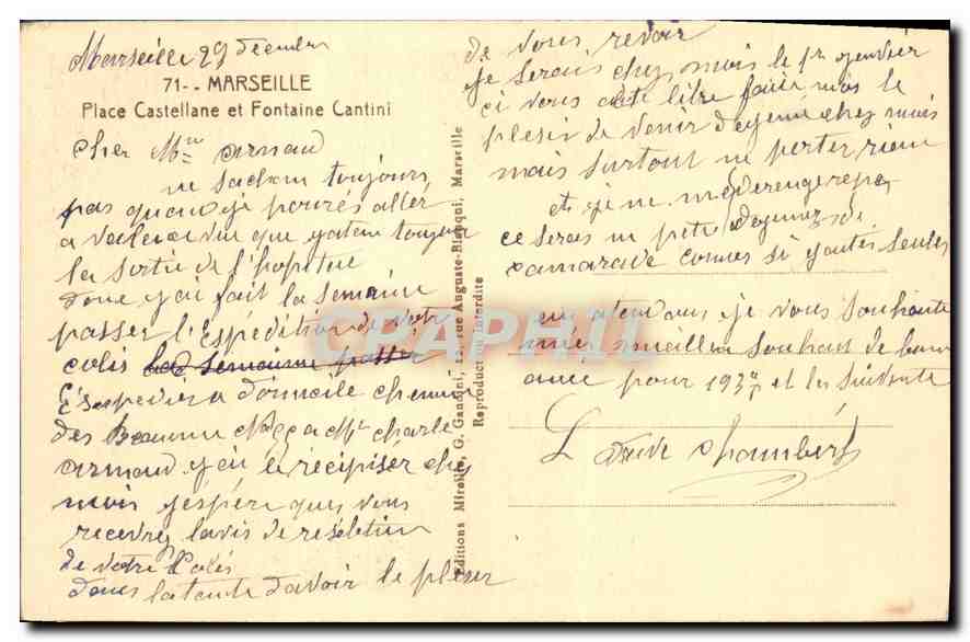 CPA Marseille Place Castellane et Fontaine Cantini  — Verso