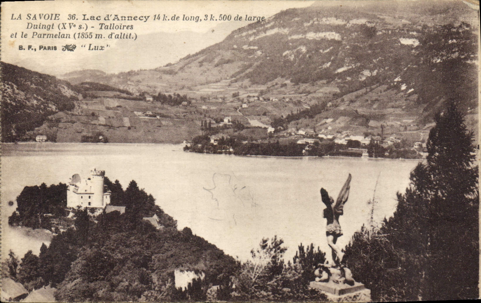 Lac d'Annecy — vue avec château et statue — B. F., PARIS "Lux"
