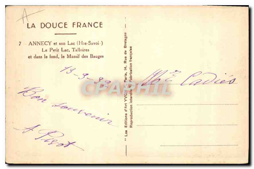 Anneyce et son Lac (Haute-Savoie) — Le Petit Lac, Talloires et le Massif des Bauges — Éditions d'art YVON, Paris — Verso