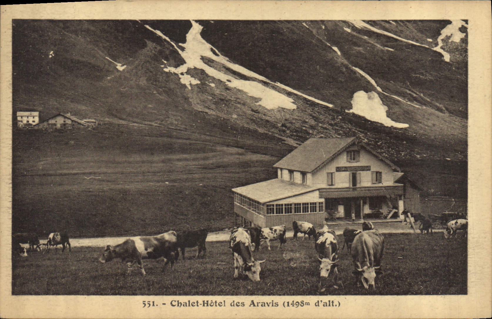 Chalet-Hôtel des Aravis (1498m d'alt.) — vue alpine avec vaches — L. Abrard, Mege (Haute-Savoie)
