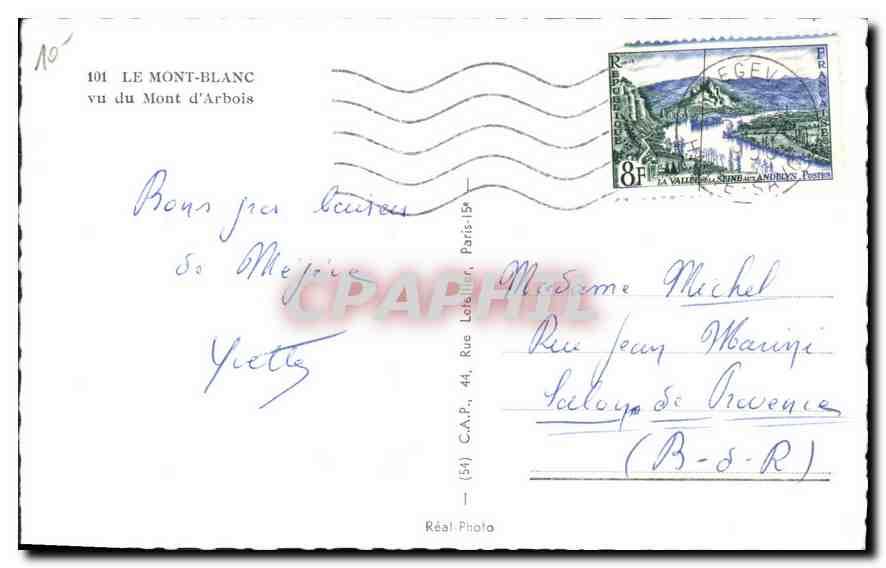 Mount Blanc viewed from Mont d'Arbois — Vintage Postcard/Antike Ansichtskarte n°101 — publisher Réal Photo — Back