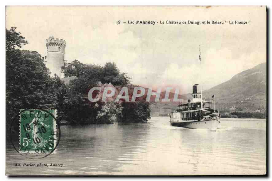 CPA Lac d'Annecy Le Chateau Je Duingt et le Bateau La France 