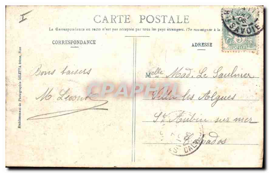 Chamonix — Bords de l'Arve et le Mont Blanc — Édition Giletta, phot., Nice, n°2604 — Verso
