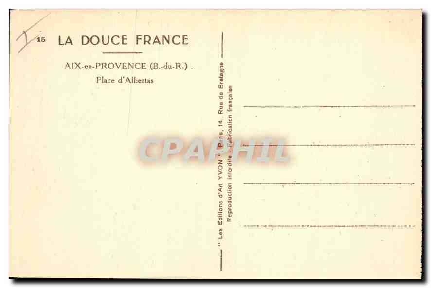Place d'Albertas — Aix-en-Provence (B.-du-R.) — Éditions d'Art Yvonn — Verso