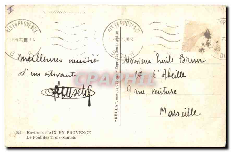 Pont des Trois-Sautets — Aix-en-Provence — éditeur Rella, n°1028 — Verso