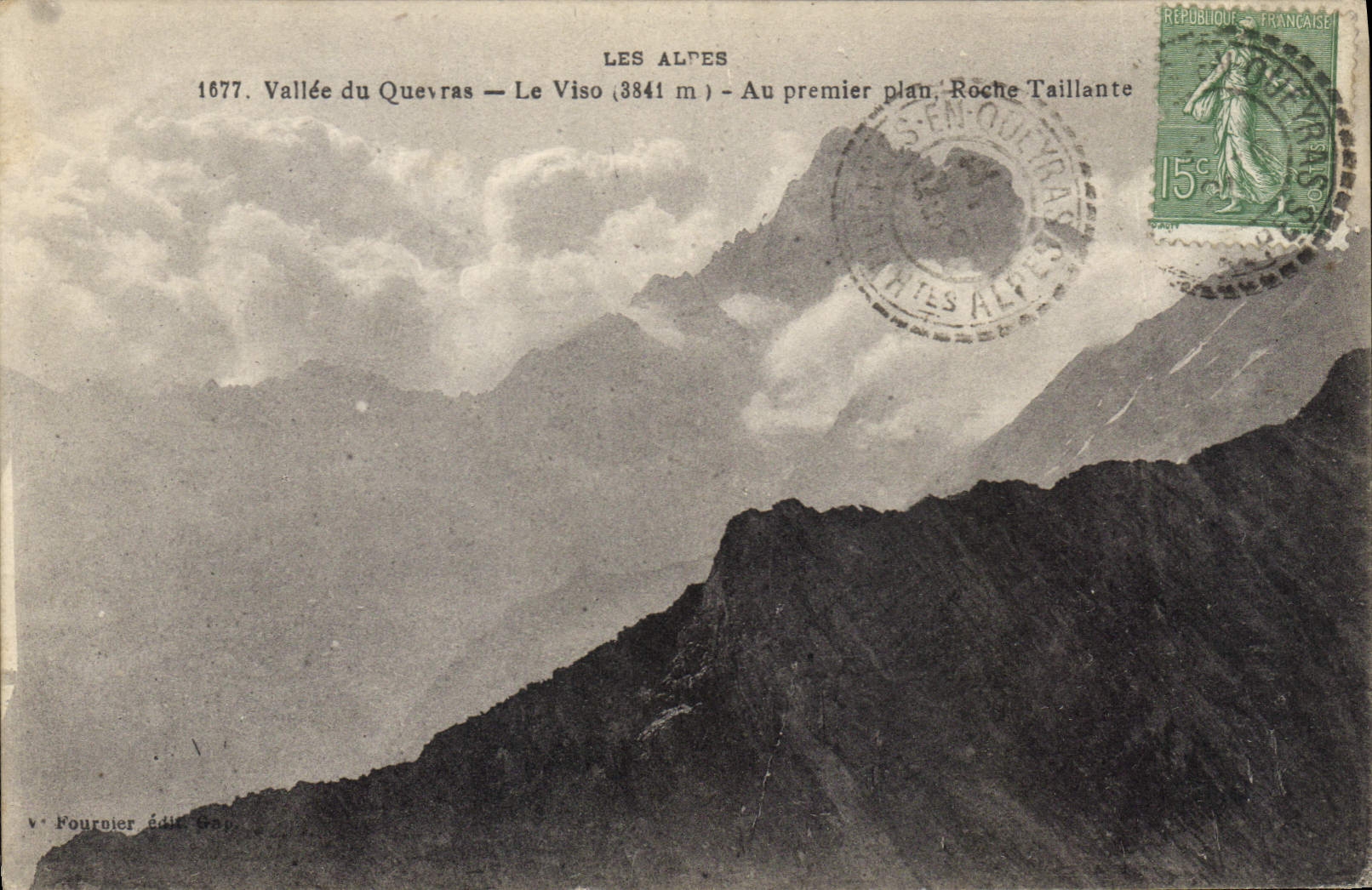 Vallée du Quevras — Le Viso (3841 m) — Au premier plan, Roche Taillante — V. Kourrourier édit. Gap