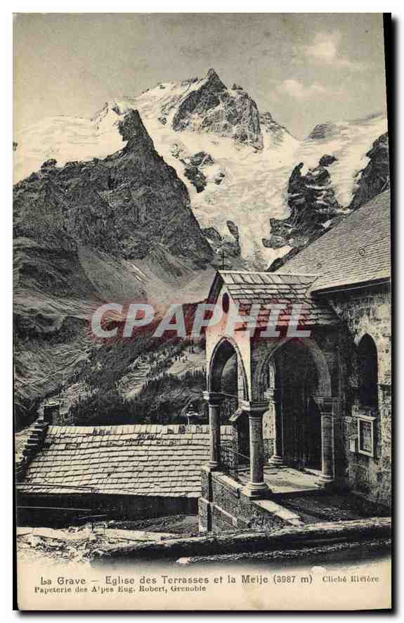 La Grave — Église des Terrasses et la Meije (3987 m) — Papeterie des Alpes Eug. Robert, Grenoble
