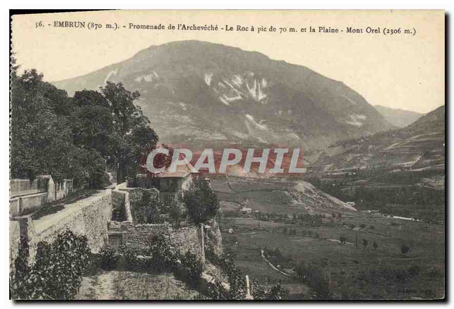Embrun (870 m.) — Promenade de l'Archevêché — Le Roc à pic de 70 m. et la Plaine — Mont Orel (2306 m.)