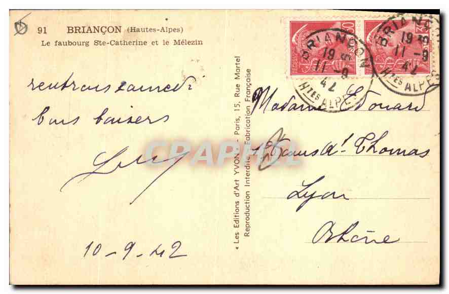 Briançon (Hautes-Alpes) — Le faubourg Ste-Catherine et le Mélezin — Les Éditions d'Art Yvon, n°91 — Verso