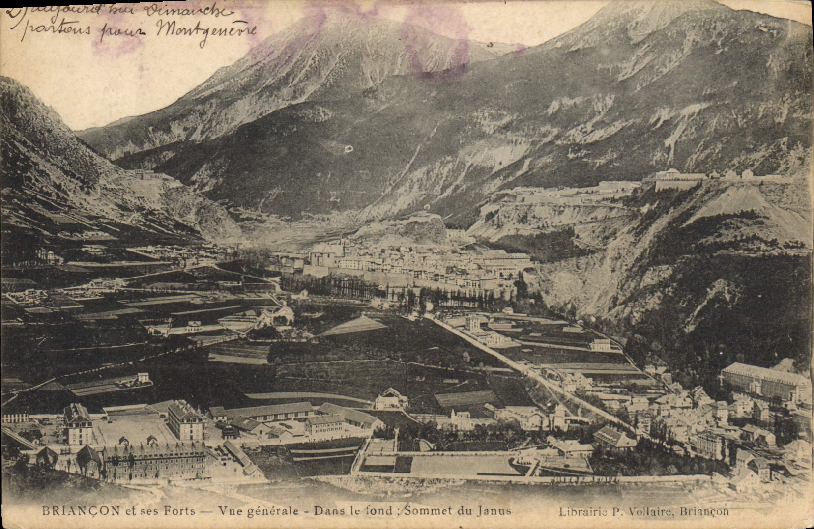 Briançon et ses Forts — Vue générale — Dans le fond : Sommet du Janus — Librairie P. Voltaire, Briançon