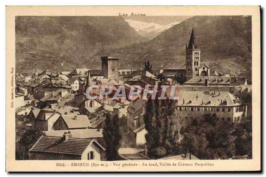 Embrun (870 m.) — Vue générale — Au fond, Vallée de Crévoux Parpaillon — éditeur Ambert, Gap, n° 652
