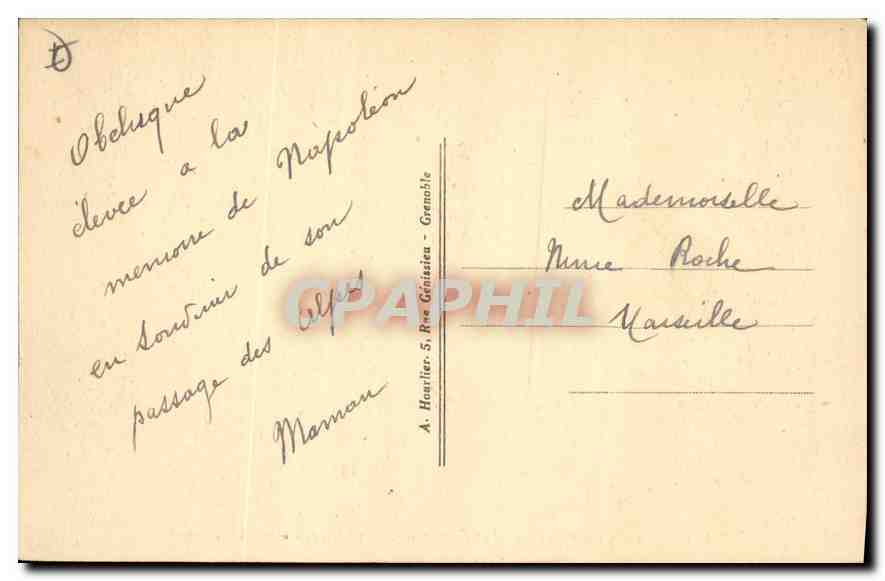 Le Col du MONT-GENÈVRE (1869 m.) — L'Obélisque et la Route d'Italie — éditeur A. Hautelier, Grenoble, n° 3084.1 — Verso