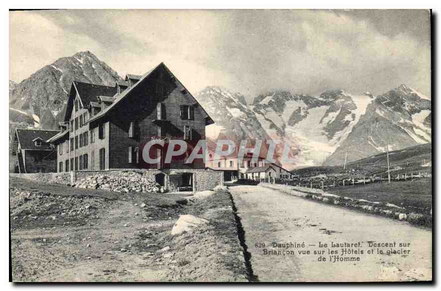 Briancón — Vue sur les Hôtels et le glacier de l'Homme — Papeterie des Alpes, Eug. Robert, Grenoble