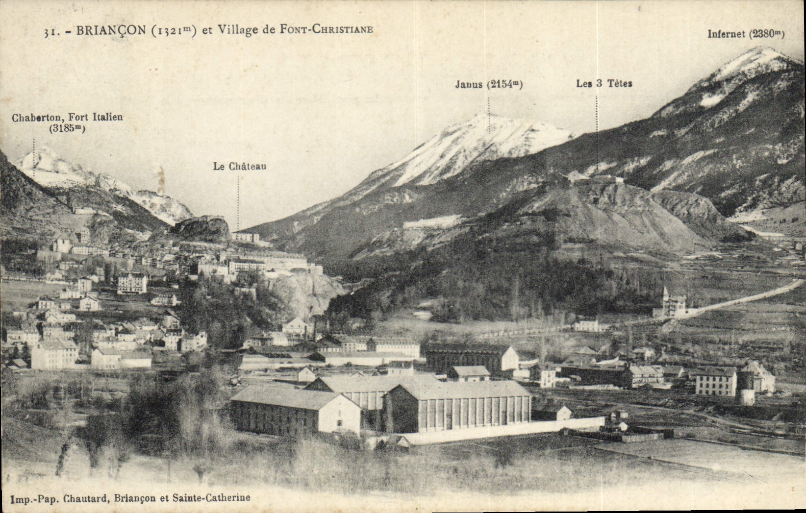 BRIANÇON (1321m) et Village de FONT-CHRISTIANE — vue panoramique avec montagnes et bâtiments — Imp. Pap. Chautard, Briançon et Sainte-Catherine
