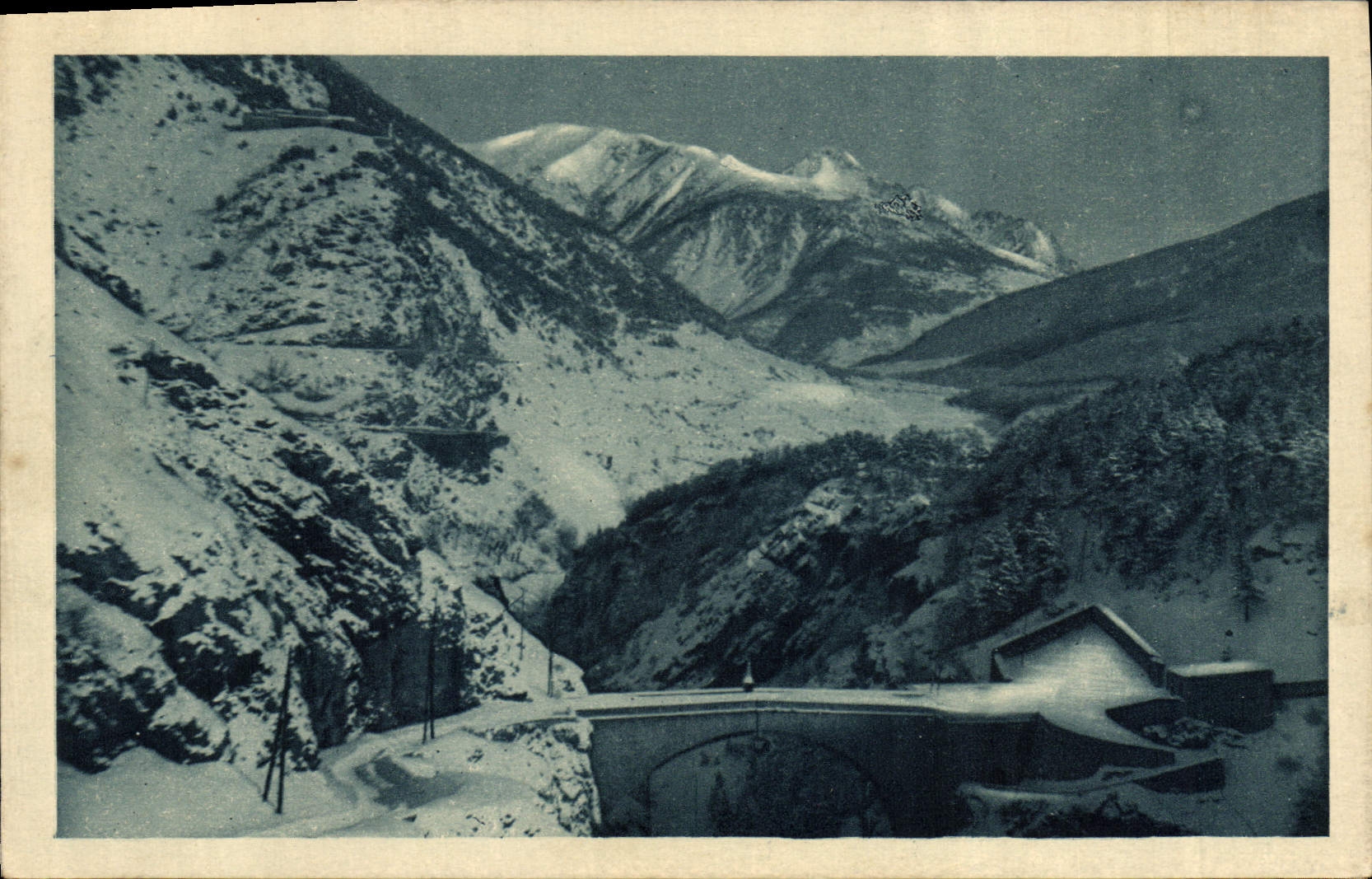 Winter Mountain Landscape — Bridge and Chalet — Publisher: Châteron (Hérault)
