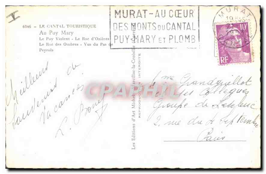 CPA Le Cantal Touristique Au Puy Mary le Puy Violent le Roc d'Ozieres le Roc des Ombres vus du Pas d — Rückseite