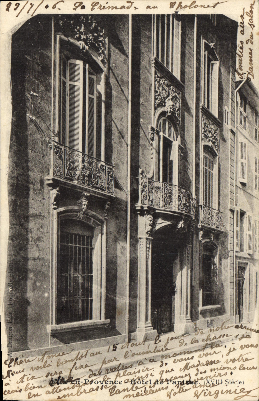 Hôtel de Provence à Aix-en-Provence — façade ornée de balcons en fer forgé — éditeur A. Dragon, Éditeur, Boucres