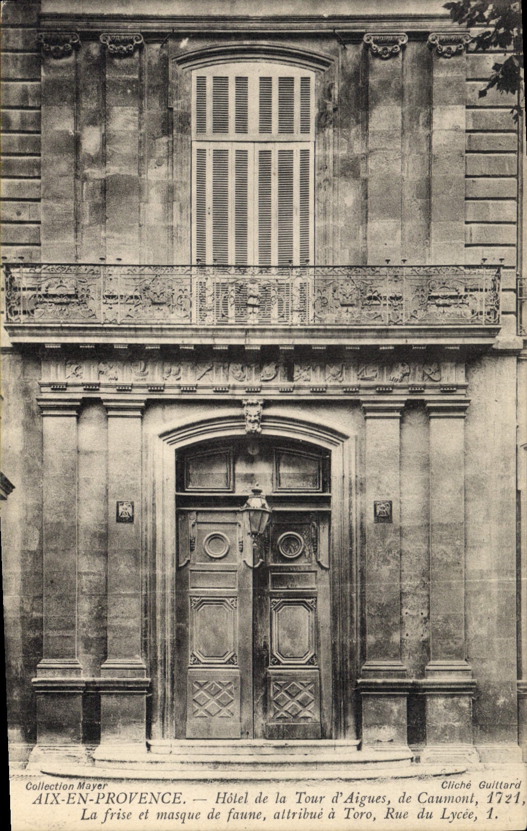 Aix-en-Provence — Hôtel de la Tour d'Aigues, frise et masque de faune, attribué à Toro, Rue du Lycée, 1721 — Cliché Guittard