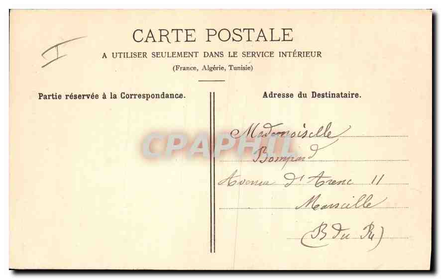 Fontäne der Neun Kanonen und Rue du Rhône in Aix-en-Provence — Papeterie Germanet, herausgegeben von L. Bru & Cie — Rückseite