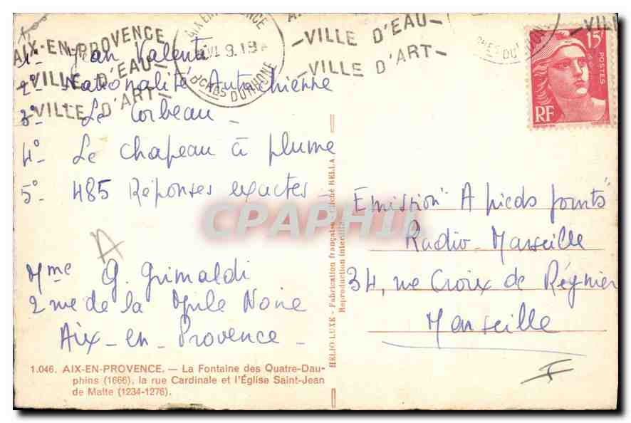 CPA Aix en Provence La Fontaine des Quatre Dauphins la rue Cardinale et l'Eglise Saint Jean de Malte — Verso