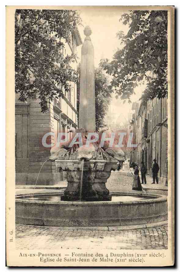 Aix-en-Provence — Fontäne der vier Delfine (17. Jahrhundert). Kirche Saint-Jean de Malte (13. Jahrhundert). — B.G.