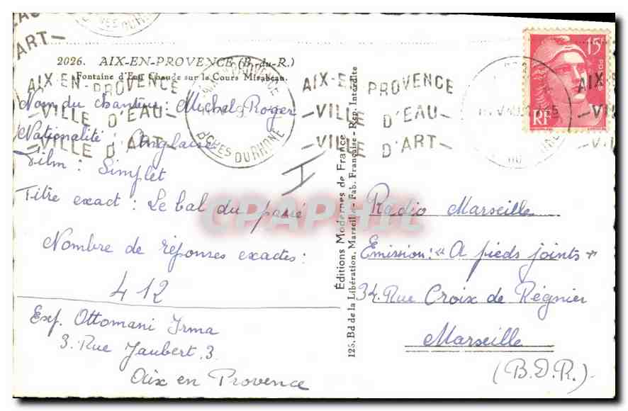 CPA Aix en Provence B du R Fontaine d'Eau chaude sur le Cours Mirabeau  — Verso