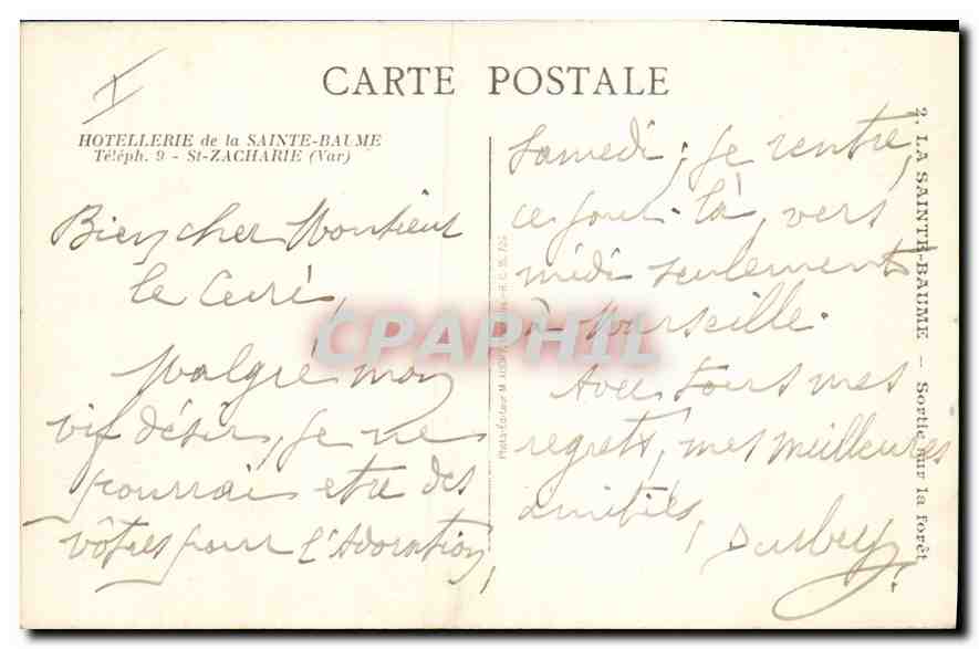 CPA Hotellerie de la Sainte Baume St Zacharie Var  — Verso