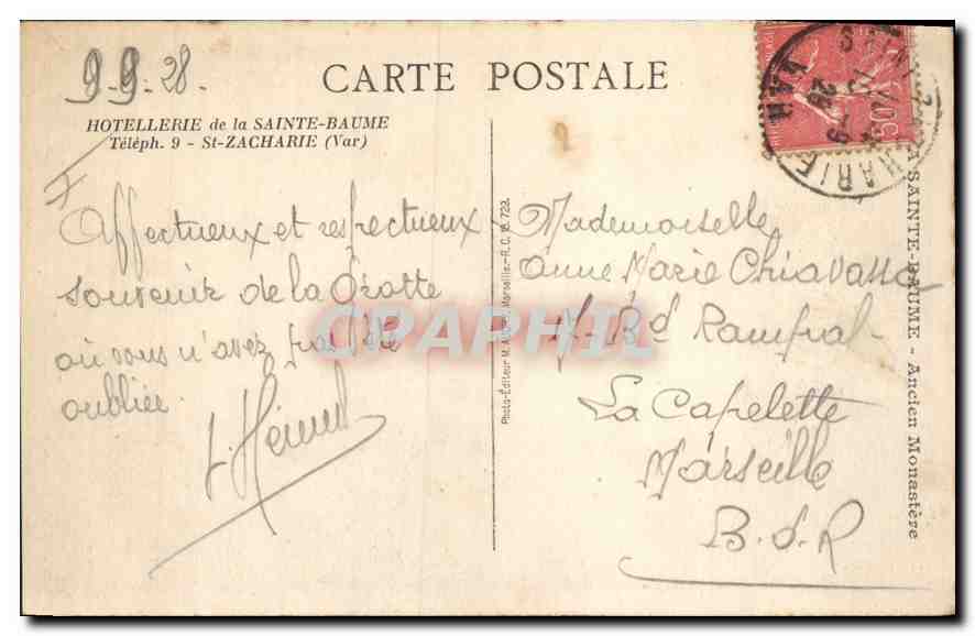 CPA Hotellerie de la Sainte Baume St Zacharie Var  — Verso