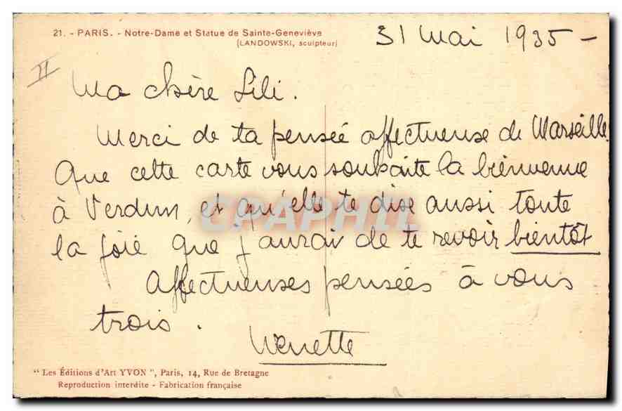 CPA Paris Notre Dame et Statue de Sainte Genevieve  — Verso