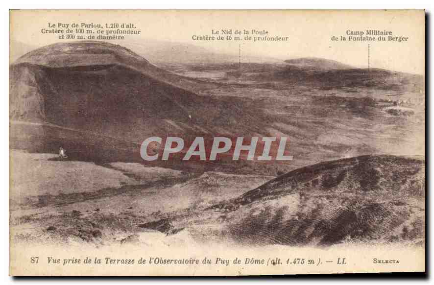 Vue du Puy de Dôme — terrasse de l'observatoire — Puy de Pariou, Nid de la Poule, Camp Militaire du Berger — éditeur Selecta, n° 87