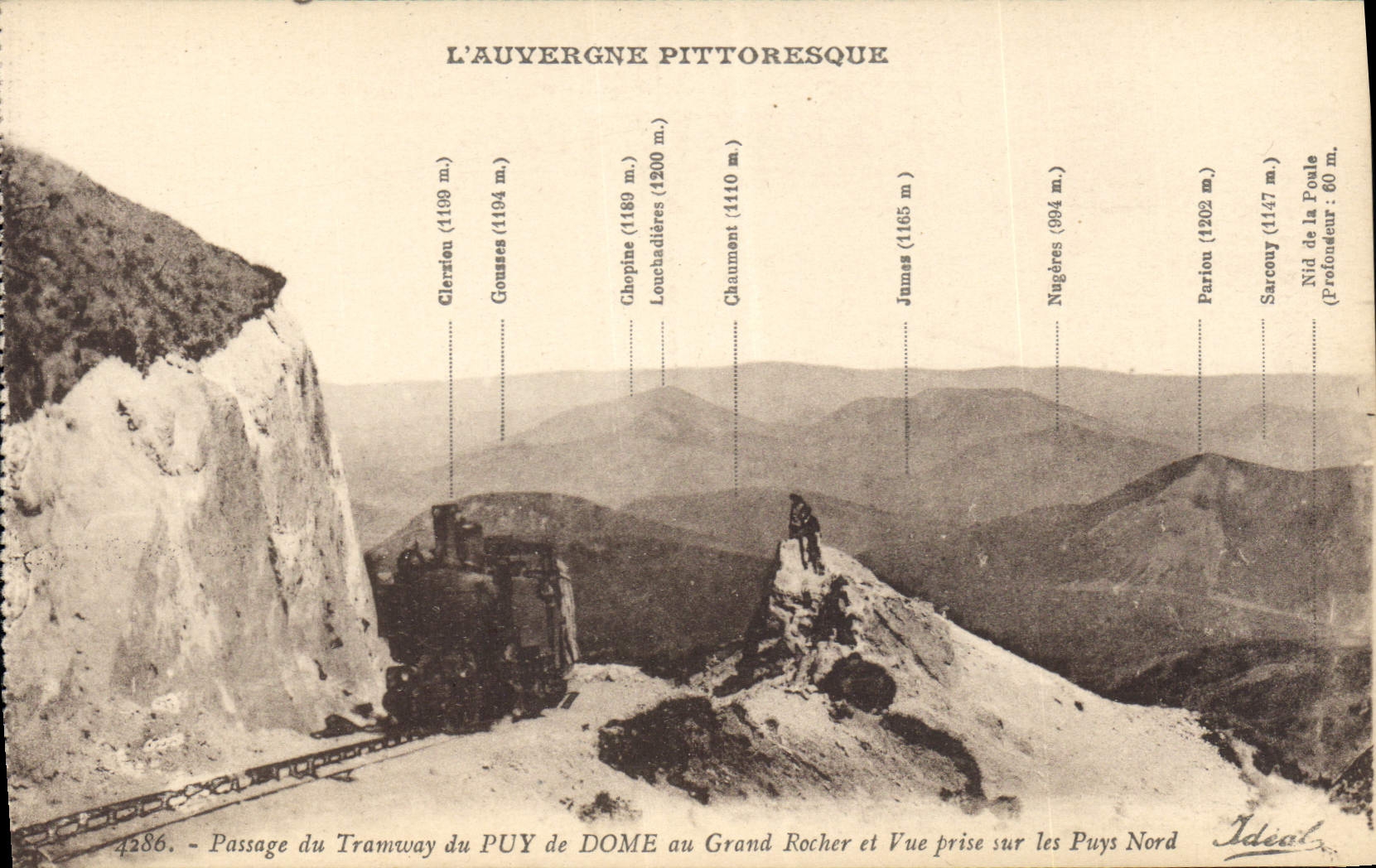 Passage du Tramway du Puy de Dôme au Grand Rocher et Vue prise sur les Puys Nord — L'Auvergne Pittoresque — Idéal