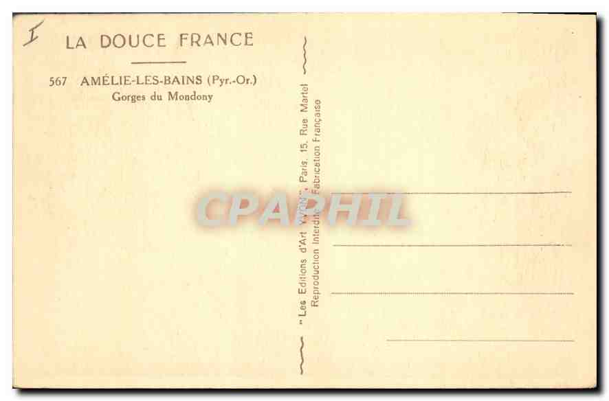 CPA Amelie les Bains Pyr Or Gorges du Mondony  — Rückseite