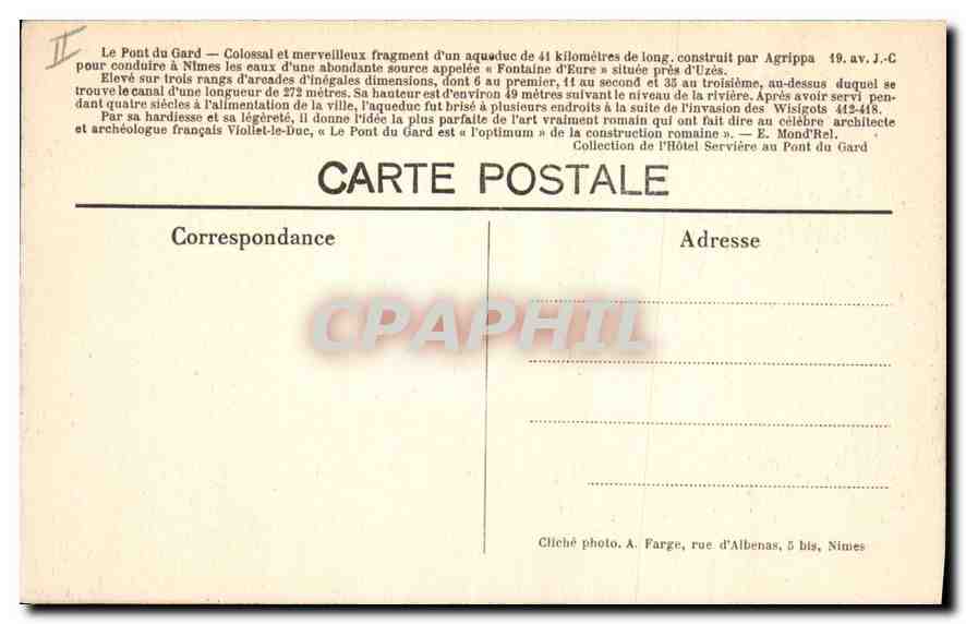 CPA Profil Occidentale du Pont du Gard Vue prise en amont  — Rückseite