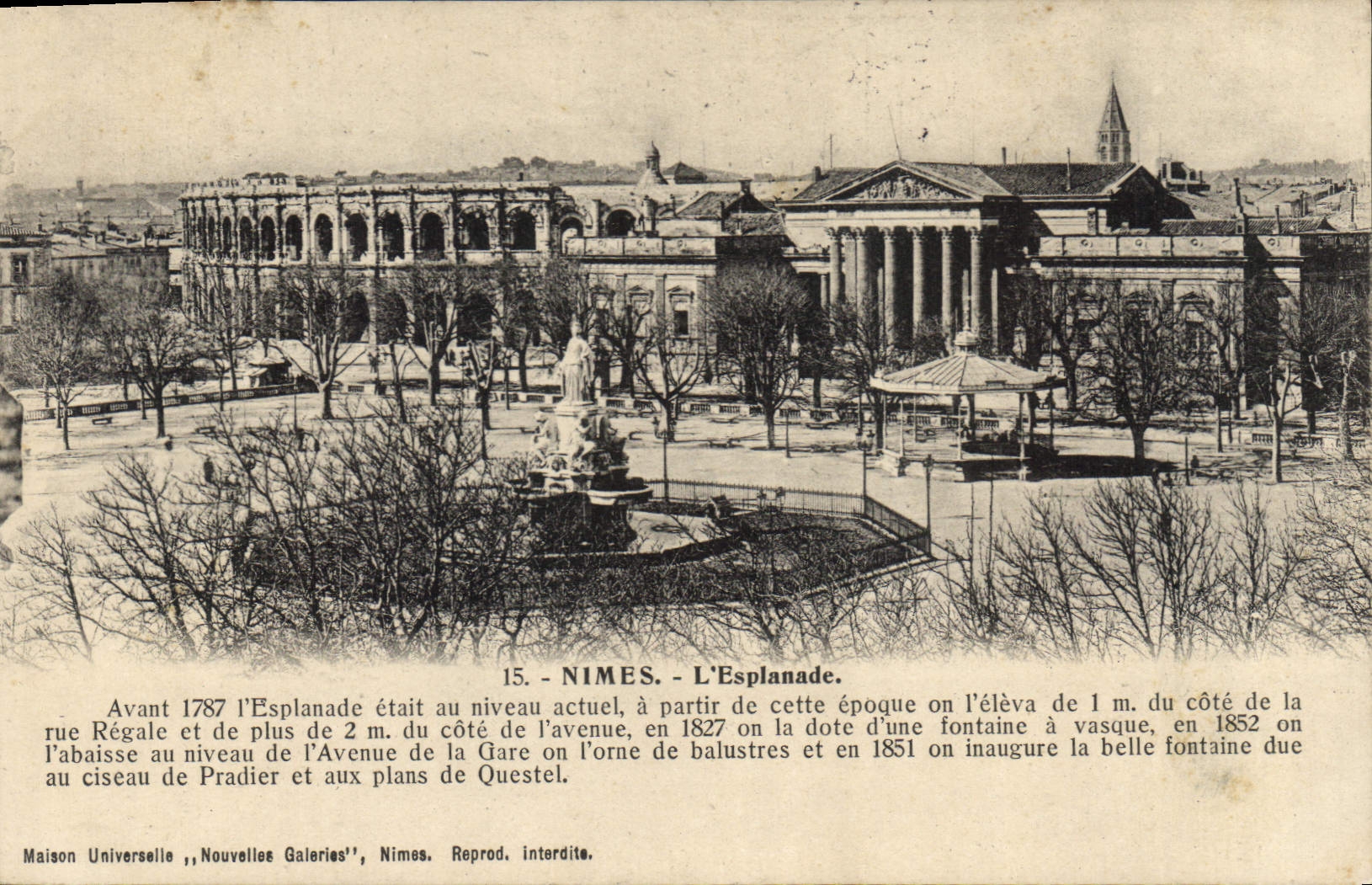 Nîmes - L'Esplanade — avant 1887, avec fontaine et Arènes — Maison Universelle, Nouvelles Galeries, Nîmes
